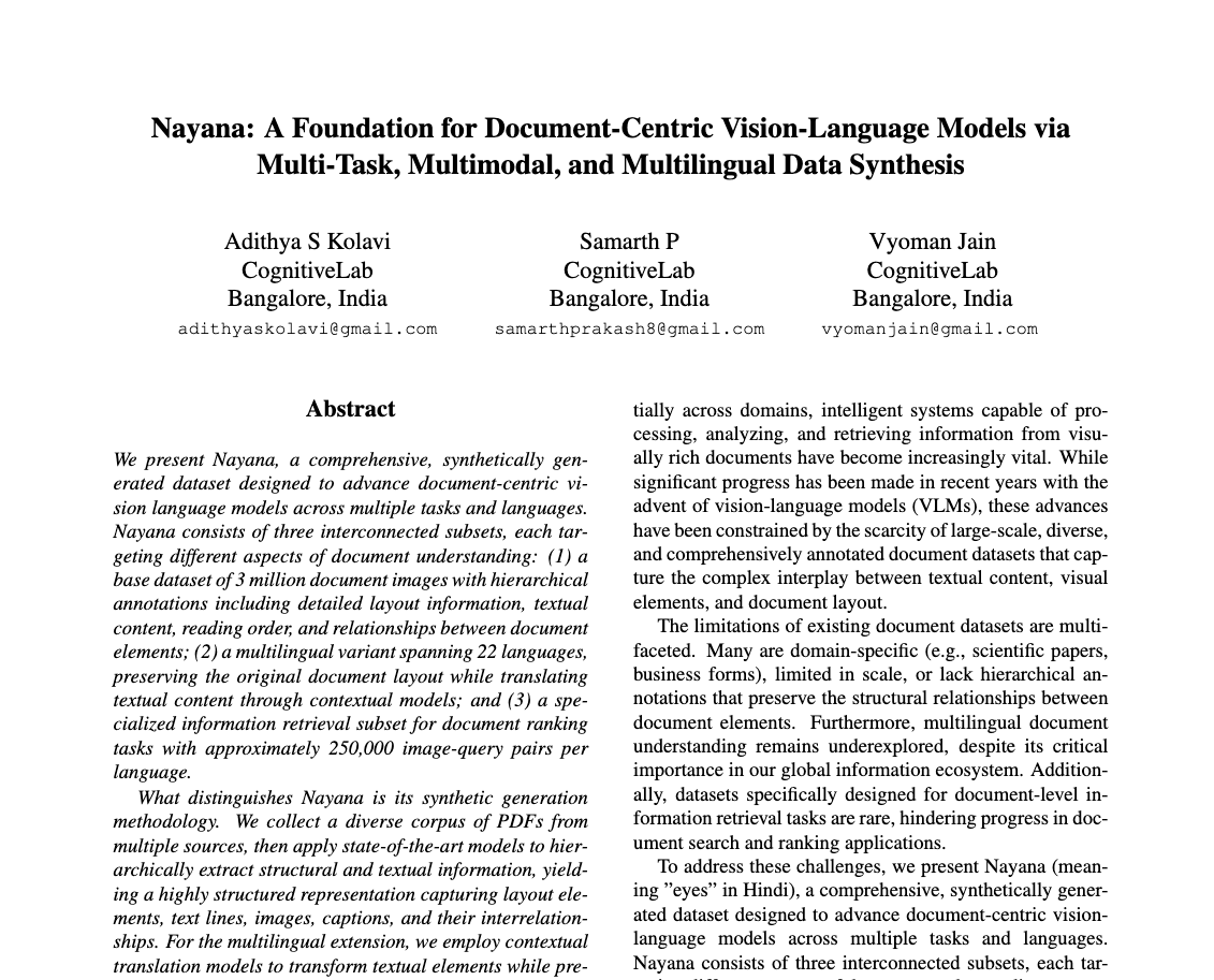 Preview of Nayana: A Foundation for Document-Centric Vision-Language Models via Multi-Task, Multimodal, and Multilingual Data Synthesis